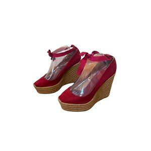 Christian Louboutin Red Canvas Espadrille Wedge Heels Tie Ankle Strap 41/10